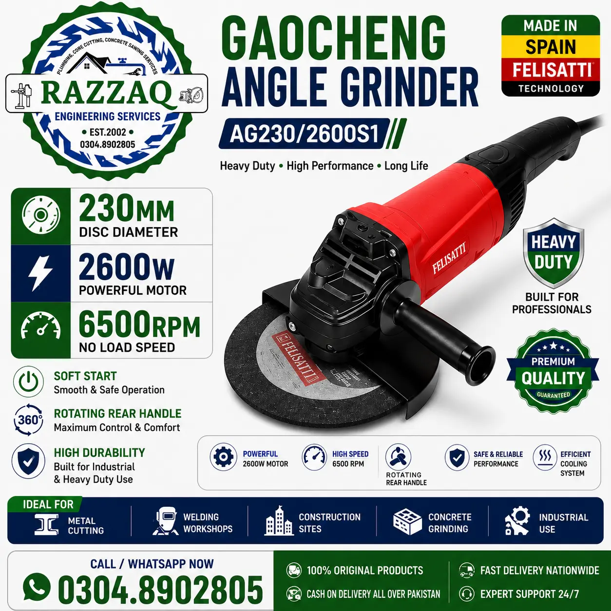 Gaocheng 230mm Angle Grinder 2600W Soft Start AG230/2600S1 | Made in Spain